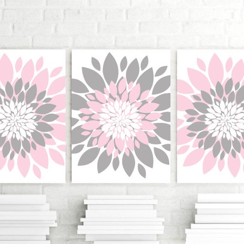 Pink Gray Flower Wall Art Flower Art Prints or Canvas Set of Etsy