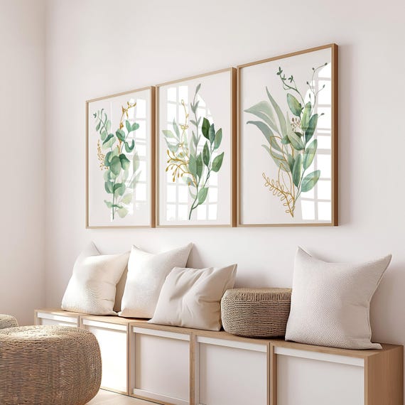 Eucalyptus Wall Art - Watercolor Leaves Art - Eucalyptus Bedroom Picture Botanical Bathroom Wall Decor Artwork Set of 3 WC