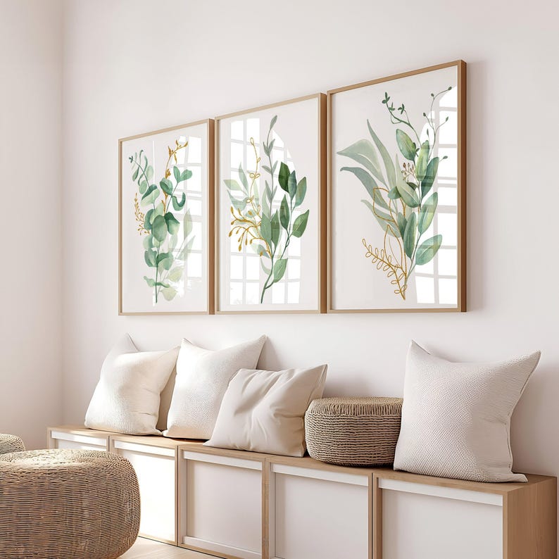 Framed Eucalyptus Wall Art - Watercolor Leaves Art Print - Eucalyptus Bedroom Pictures - Botanical Bathroom Wall Decor Artwork Sets of 3