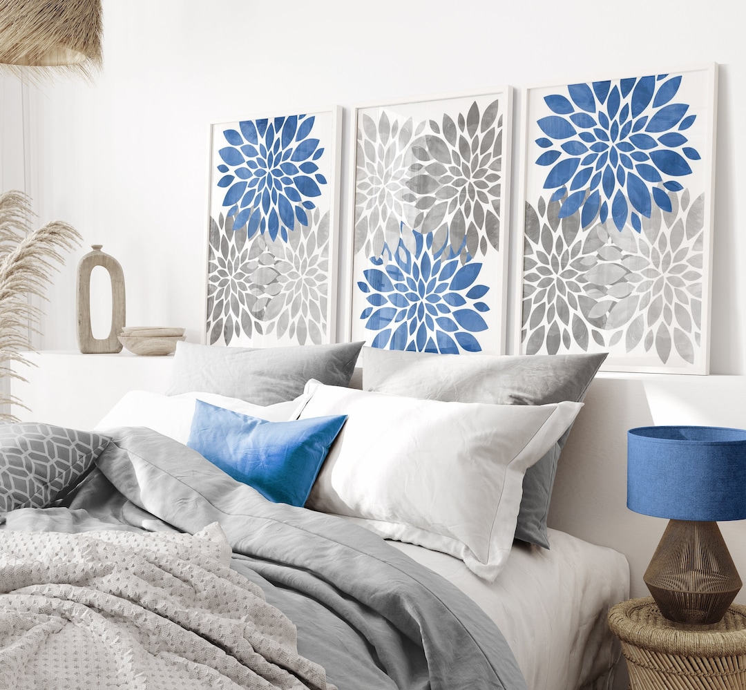 Blue Gray Flower Wall Decor - Blue Gray Floral Print - Watercolor ...