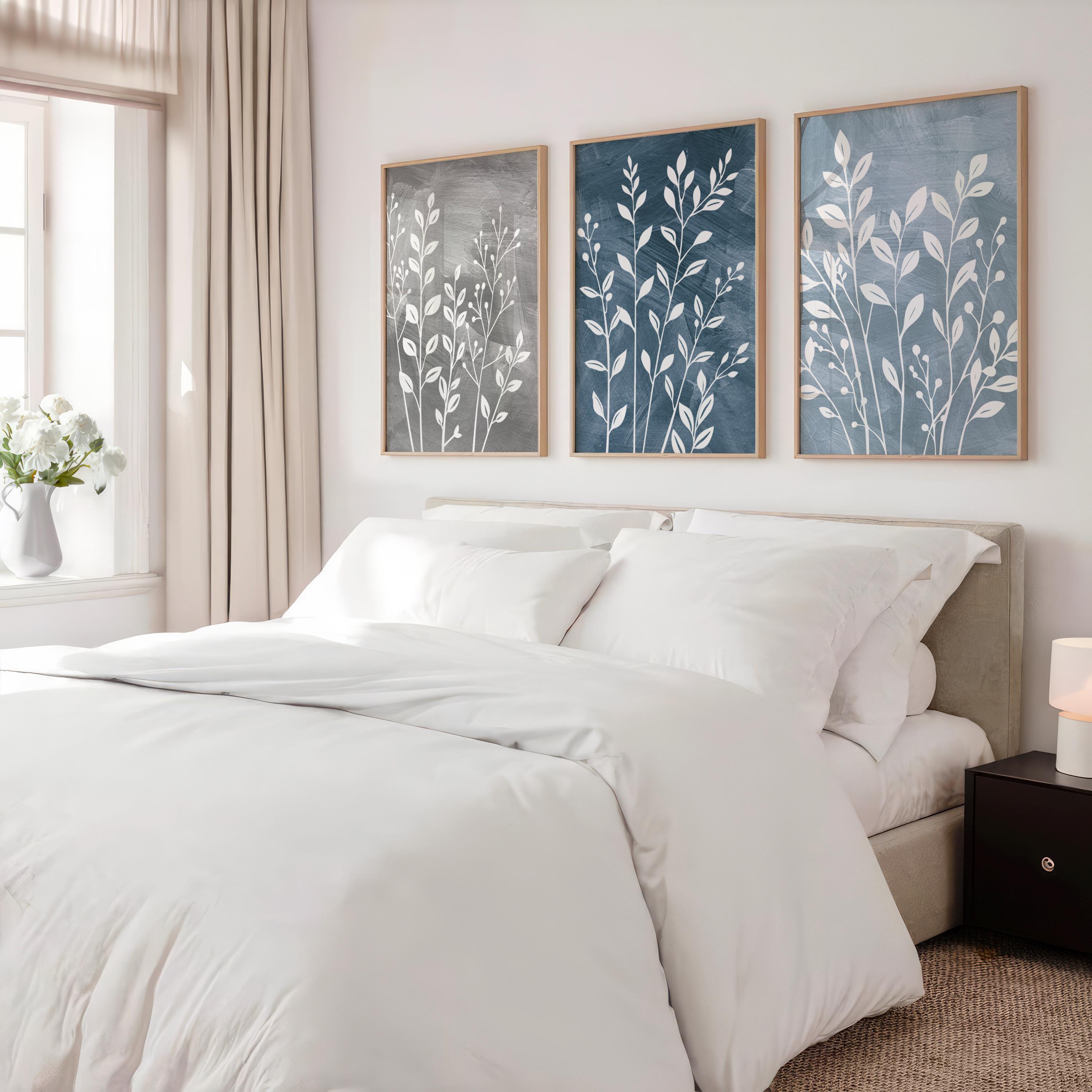 Blue Gray Floral Wall Art: Botanical Leaves Wall Decor Set of 3 ...