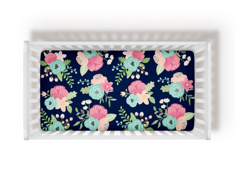 Navy Pink Aqua Floral Crib Sheet Baby Girl Personalized Crib Etsy