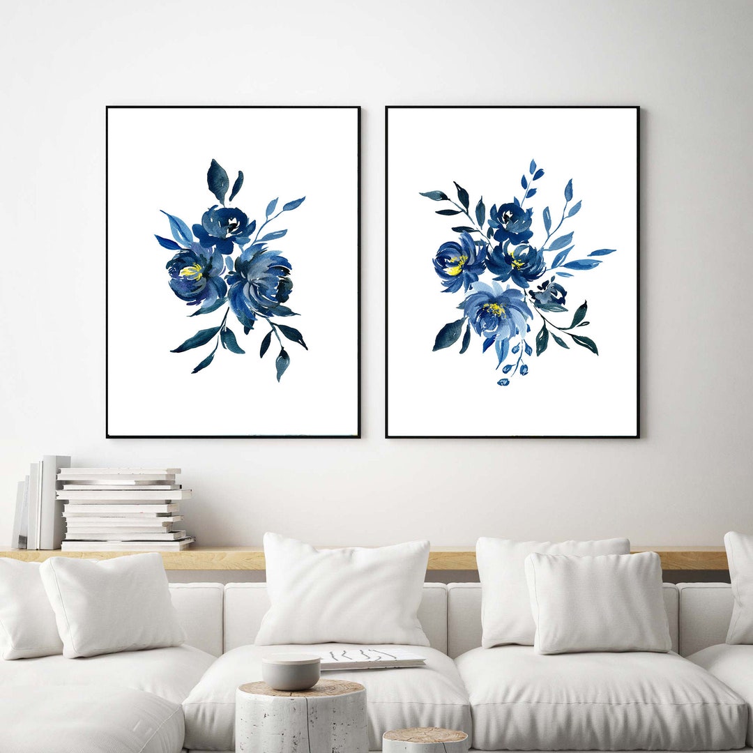 Navy Flower Artwork Blue Flower Wall Art Prints Watercolor Blue Flower