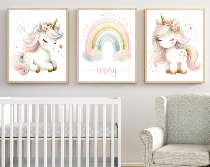 Unicorn Rainbow Canvas Artwork, Rainbow Unicorn Art Prints, Framed Rainbow Unicorn Artwork, Rainbow Unicorn Nursery Wall Art Canvas Set of 3