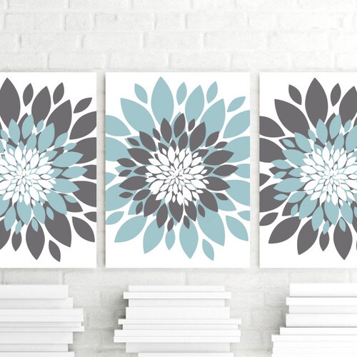 Rustic Blue Gray Floral Wall Art Home Decor Bathroom Bedroom Etsy
