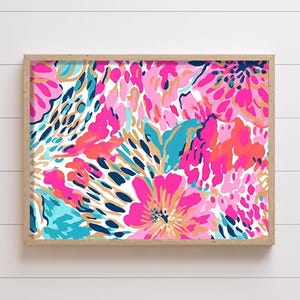 Floral Canvas Art Print: Preppy Pink & Blue Flower Wall Art Set of 1