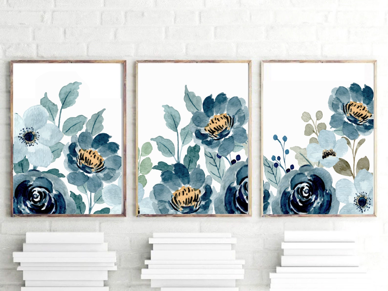 Navy Blue Flower Wall Art Watercolor Blue Yellow Floral Etsy