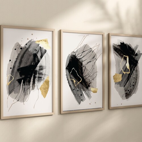 Aluminium Framed Canvas Gold Gray Abstract Set of 3 Wall Art Etsy