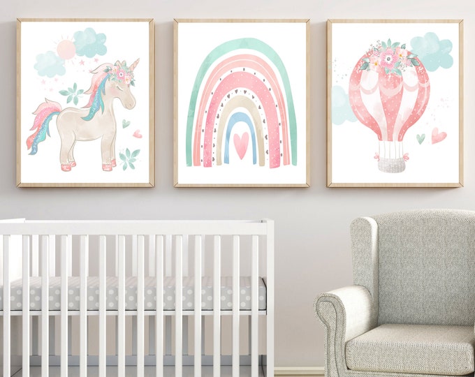 Unicorn Rainbow Wall Art - Hot Air Balloon Rainbow Unicorn Artwork Prints - Framed Rainbow Unicorn Nursery Wall Decor Canvas Set of 3