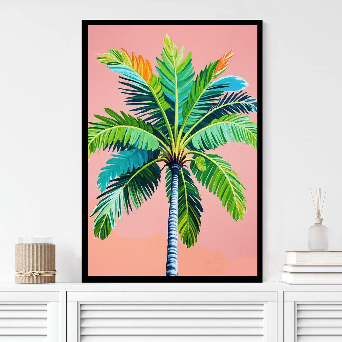 Pink & Green Palm Tree Wall Art: Tropical Beach House Decor, Set