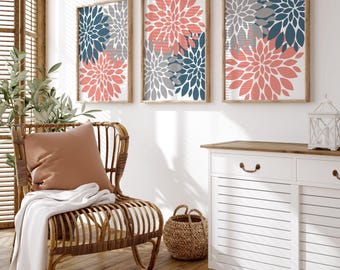 Teal Coral Flower Wall Art, Floral Bedroom Bathroom Decor Set of 3 - Framed, Canvas, or Art Prints