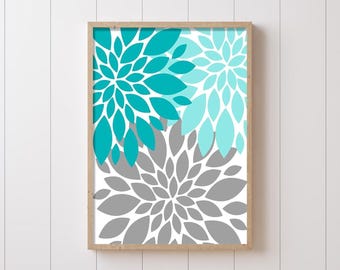 Turquoise Gray Dahlia Art: Teal Floral Bedroom Bathroom Set of 1 - Framed, Canvas, or Art Prints
