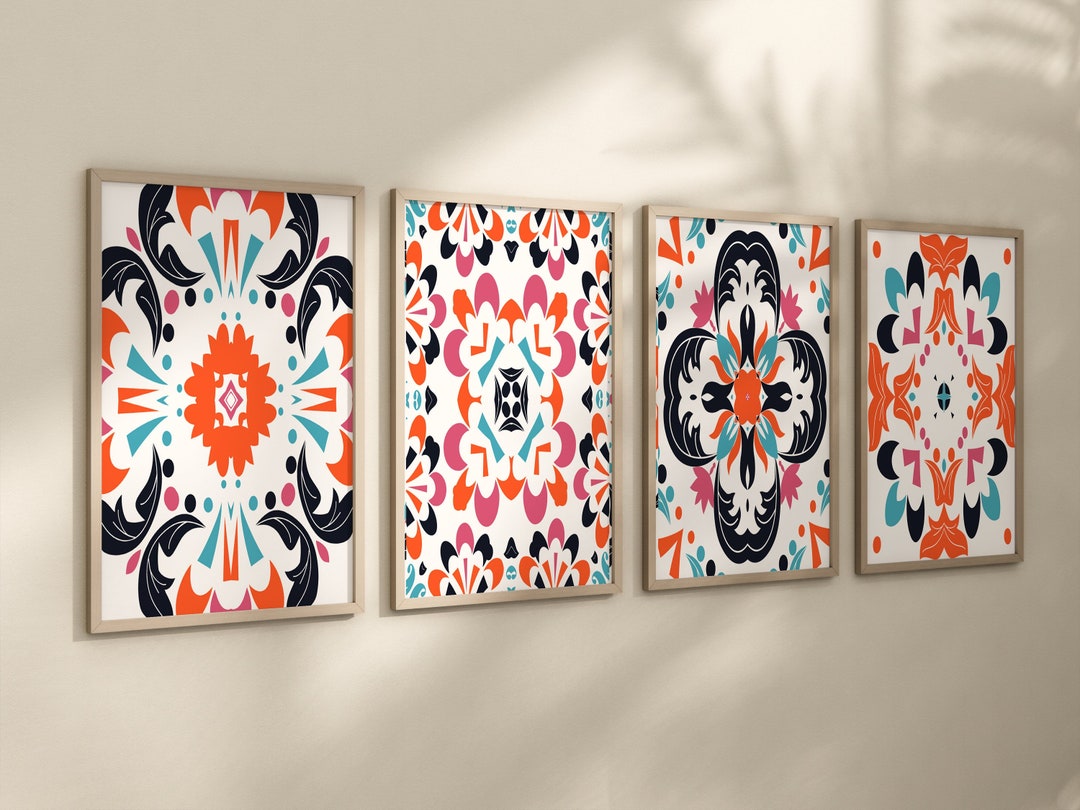 Talavera Tile Wall Art Mediterranean Prints Navy Aqua Watercolor