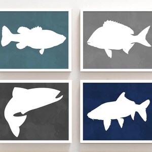 Fish Art Prints - Lake Fish Bedroom Wall Art - Lake House Fish Artwork - Baby Boy Fish Nursery Wall Decor - Fish Canvas Artwork Set of 4 image 2