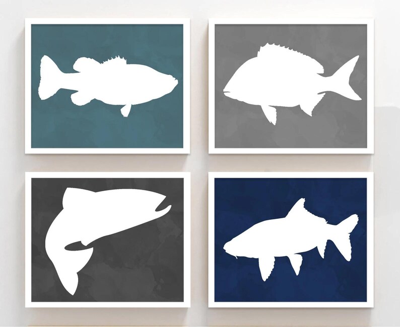 Fish Art Prints - Lake Fish Bedroom Wall Art - Lake House Fish Artwork - Baby Boy Fish Nursery Wall Decor - Fish Canvas Artwork Set of 4 image 2