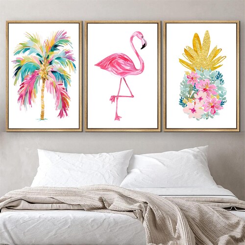 Pink Flamingo Wall Art Set Of 3 - Tropical Nursery Decor, Kids Room Prints, 7.5x10 Inches