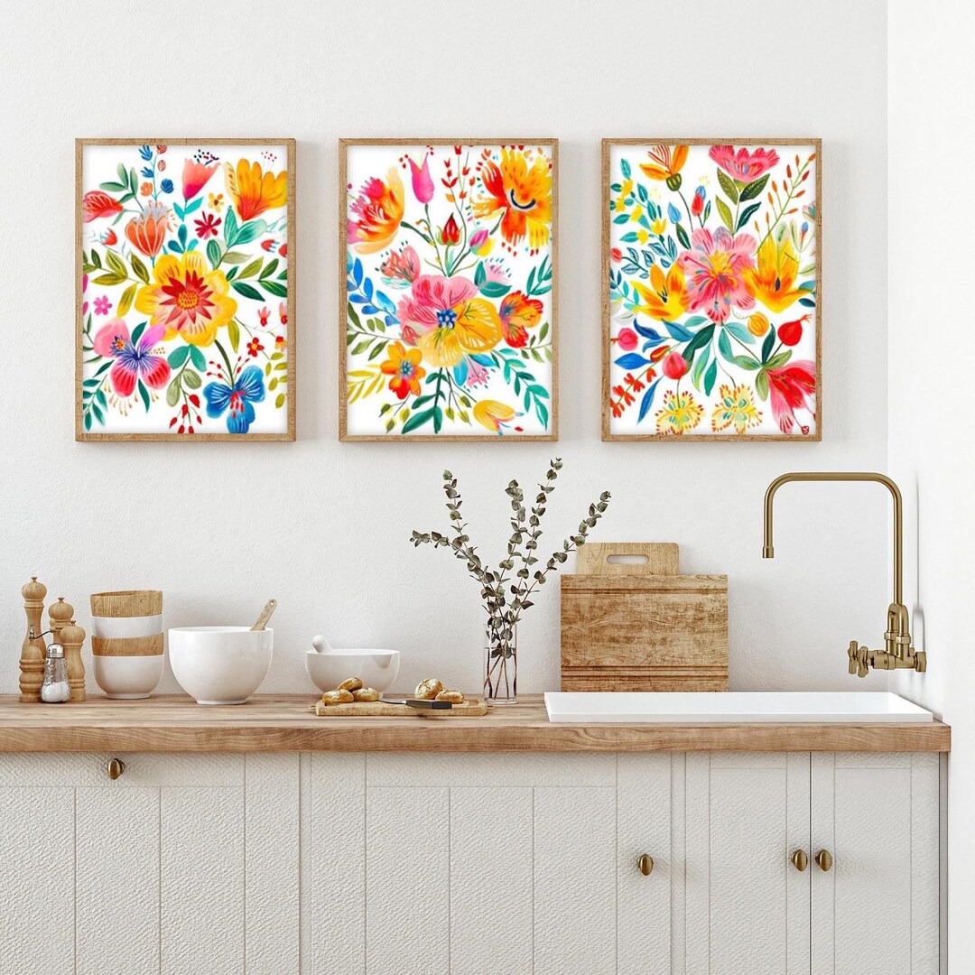 Colorful Watercolor Floral Wall Art - Mexican Flower Set of 3 - Framed ...