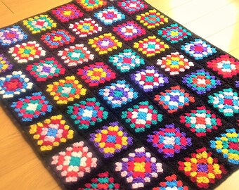 Handmade Granny Square Crochet Blanket: Colorful Patchwork Afghan, Black Border