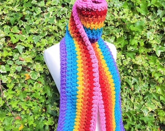 Chunky Crochet Rainbow Scarf, Warm Acrylic Neck Warmer
