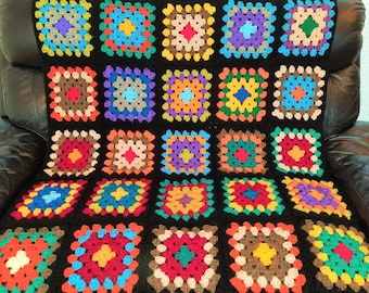 Handmade Chunky Granny Square Blanket - Colorful Crochet Afghan