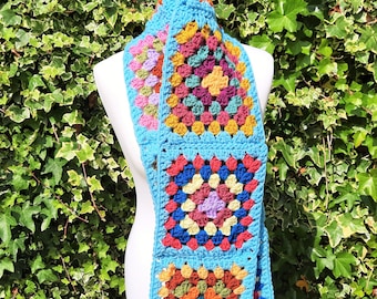 Crochet Scarf / Granny Squares Scarf / Afghan Scarf / Chunky Scarf / Cosy Scarf / Neck Warmer / Rainbow Scarf / Handmade Scarf / Crocheted