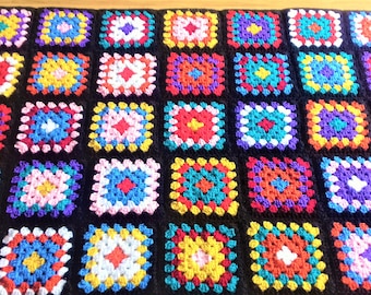 Handmade Chunky Granny Square Crochet Blanket, Vintage Style Afghan