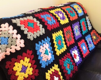 Handmade Granny Square Crochet Afghan Blanket, Colorful Patchwork