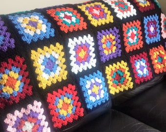 Handmade Granny Square Crochet Afghan: Boho Colorful Blanket, 39x54