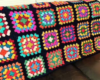 Handmade Granny Square Crochet Blanket, Navy Blue Border, Colorful Afghan