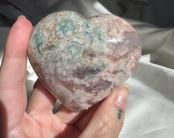 Green & Pink Flower Agate Heart Carving (220 grams)