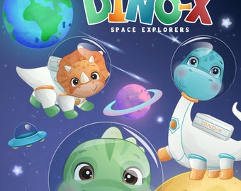 Cute dinosaur space explorers digital clipart collection.