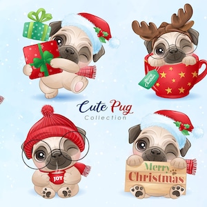 Süße kleine Mops für fröhliche Weihnachten Clipart mit Aquarell-Illustration