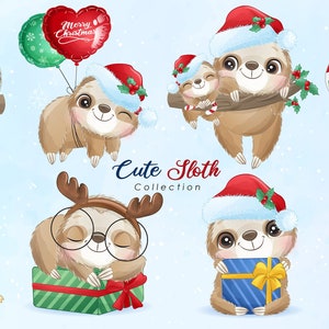 Süße kleine Faultier für frohe Weihnachten Clipart mit Aquarell-Illustration