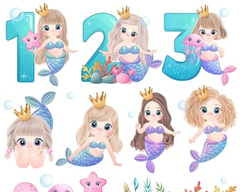 Cute mermaids with numbering digital clipart set