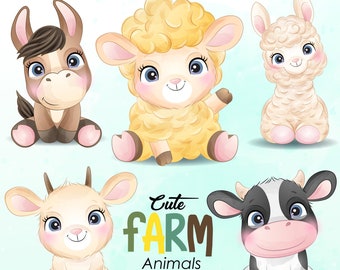 Cute farm animals clipart with watercolor illustration