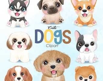 Cute dogs clipart with watercolor illustration