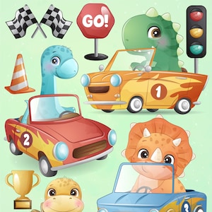 Cute dinosaur racing team digital clipart collection.