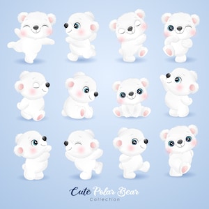 水彩イラスト付きのかわいいシロクマのポーズのクリップアート