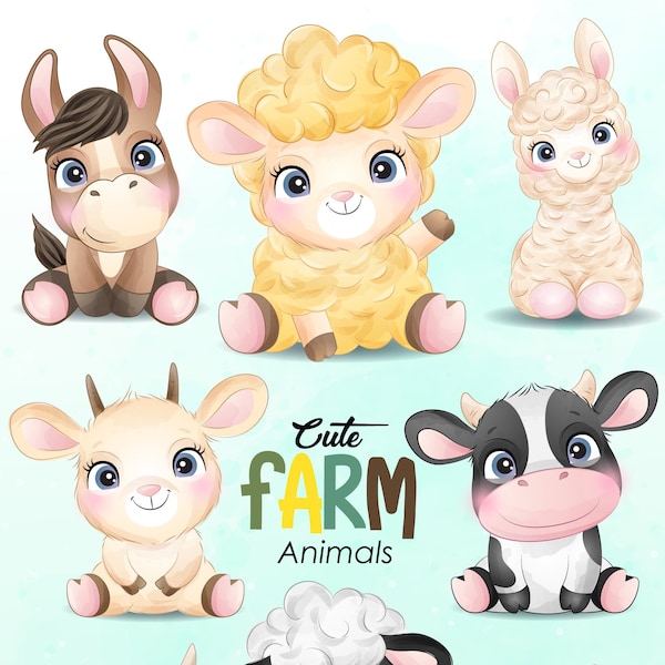 Cute farm animals clipart with watercolor illustration