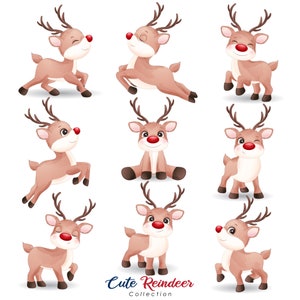 Le renne carine posano clipart con illustrazione ad acquerello