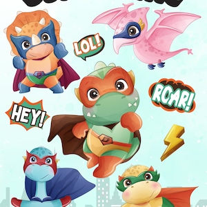 Süße Dinosaurier Superhelden Clipart mit Aquarell-Illustration