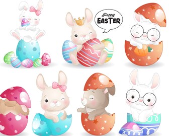 Cute little rabbit for Happy Easter clipart with watercolor illustration