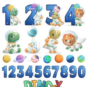Lindo astronauta dinosaurio posa con la numeración de la colección de imágenes prediseñadas digitales.