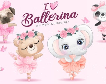 Cute animals ballerina clipart with watercolor illustration