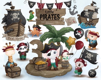 Little Pirates Birthday party with Numbering digital clipart watercolor illustration collection. Digital Download in PNG, JPG & EPS format.