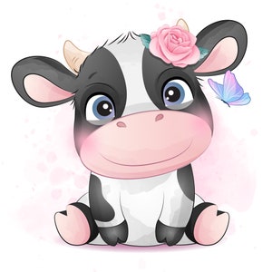 Cute cow clipart with watercolor illustration