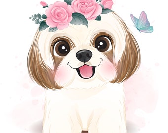 Cute shih tzu clipart with watercolor illustration