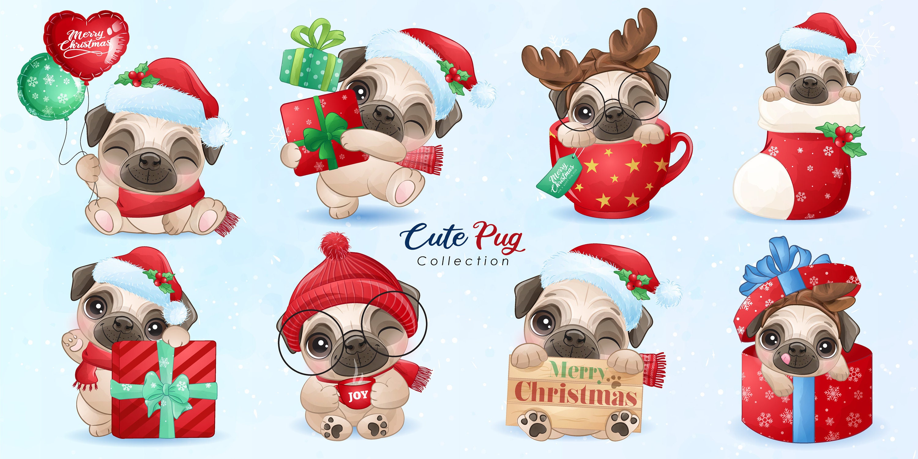 Cute Little Pug for Merry Christmas Clipart With Watercolor Illustration -  Etsy