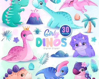 Doodle girly dinosaur clipart with watercolor illustration collection
