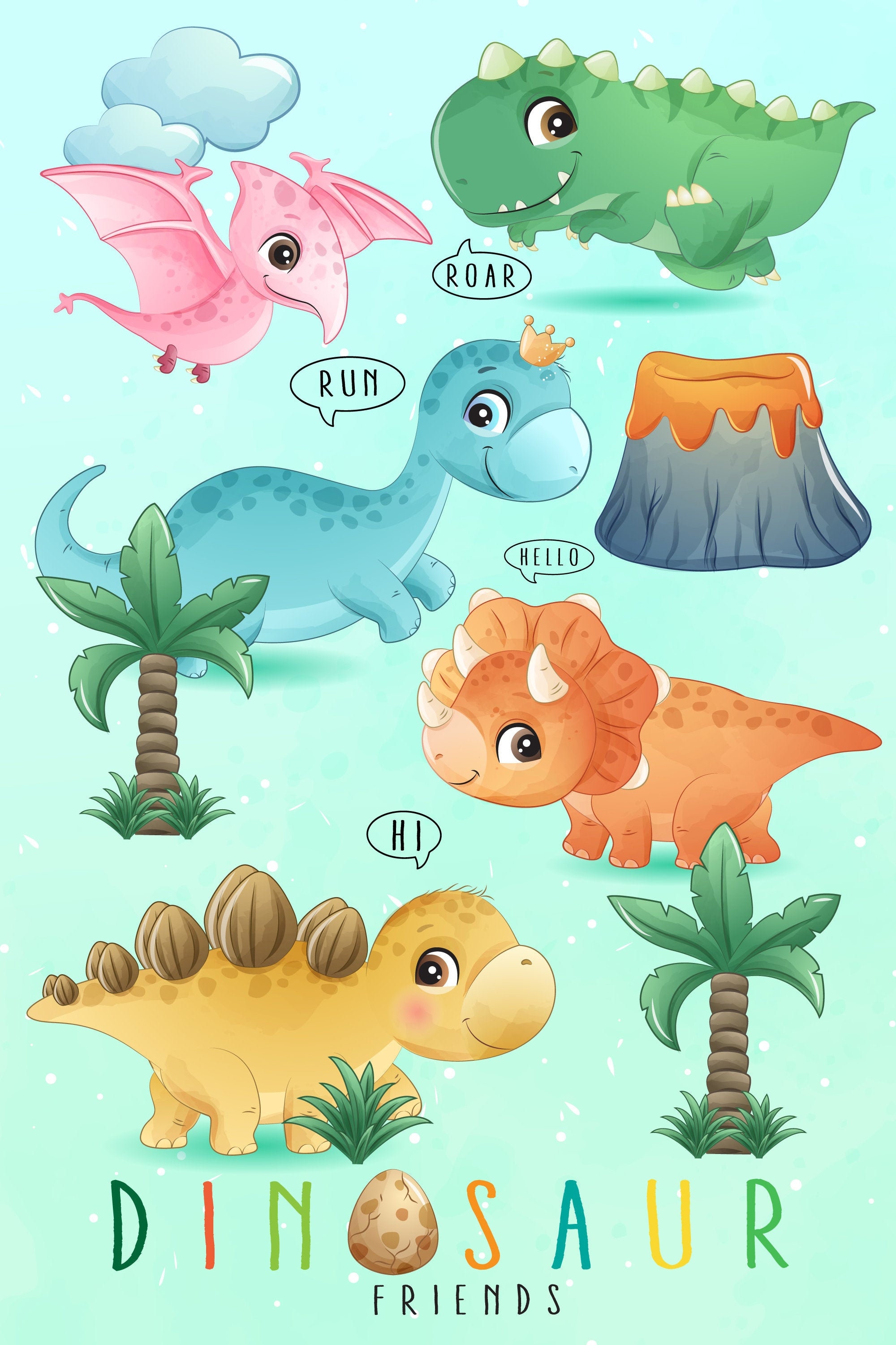 Download Cute Dinosaur World Clipart With Watercolor Illustration
